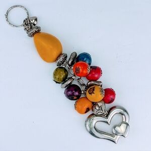Large Colorful Cluster Beaded Silvertone Hearts Charm Keychain